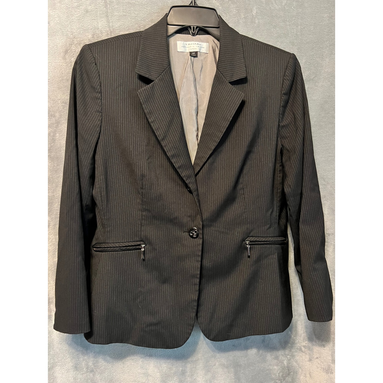 Tahari Arthur S. Levine Petite Pinstripe Blazer Jacket Gray Career Office 14p